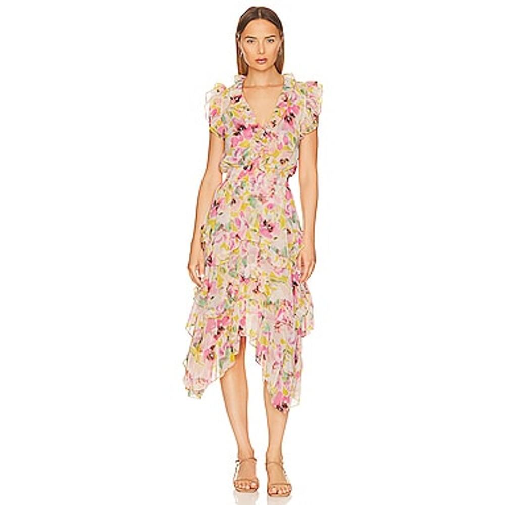 Misa Los Angeles 'Dakota' Yellow Georgette Bell Sleeve Dress Size L